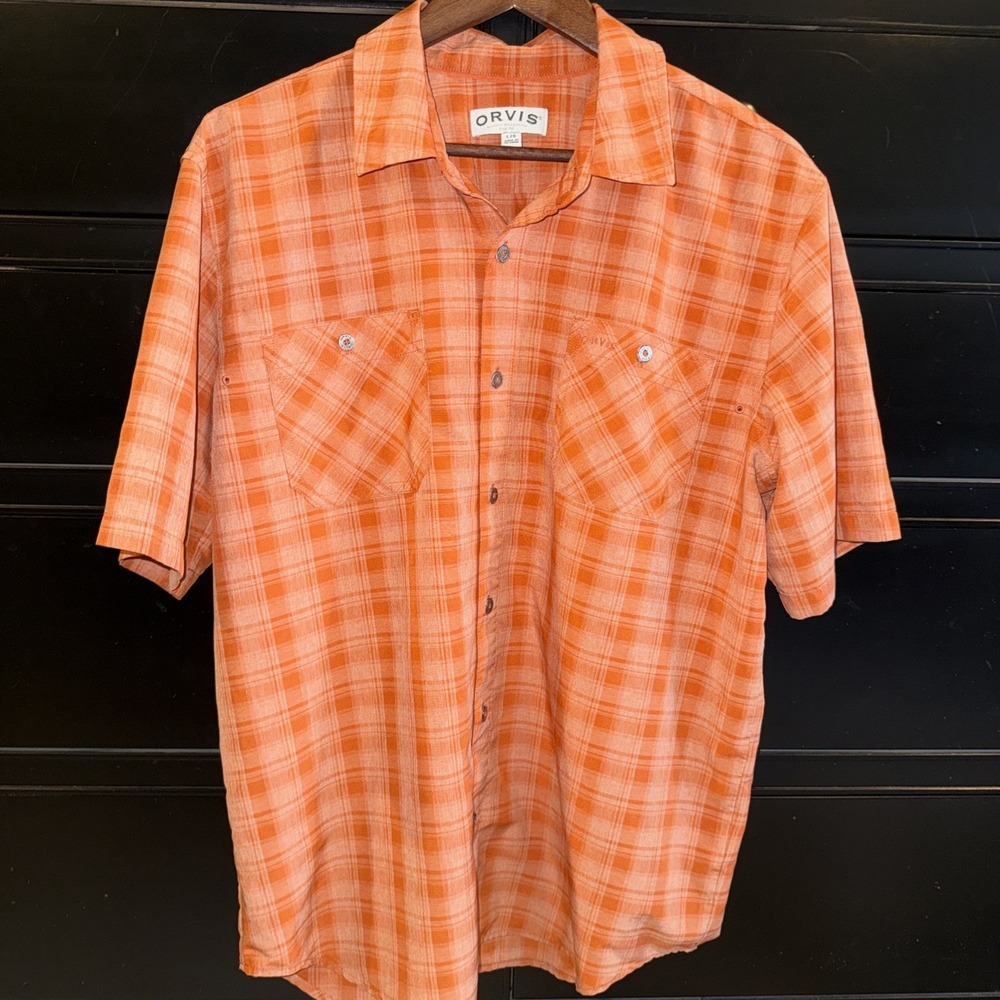 Orvis Orange Plaid Tech Shirt Mens Large Hiking Camping Fishing Pockets